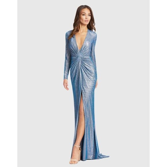 Mac Duggal Dresses & Skirts - Mac Duggal NWT Metallic Twist Front Plunging Maxi Gown in Blue Shimmer Size 2